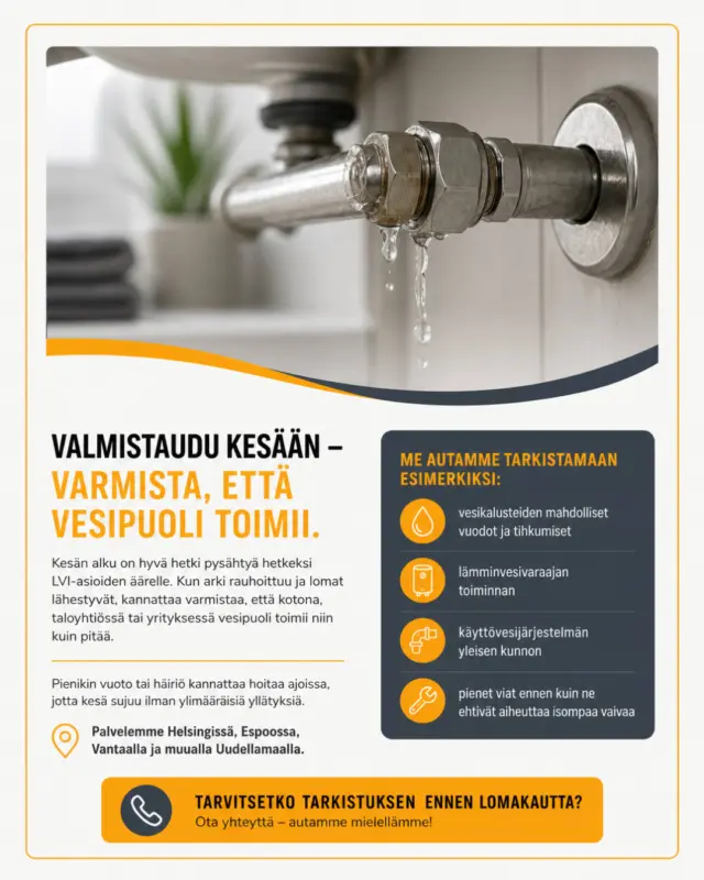Ennen kuin lomakausi alkaa, moni huomaa vasta hiljaisessa hetkessä, että jokin onkin pielessä: hana tiputtaa, varaaja käy oudosti tai pientä vuotoa ei ole huomattu arjen kiireessä. Juuri siksi kesän alku on hyvä hetki tarkistaa käyttövesijärjestelmän kunto kotona, taloyhtiössä tai yrityksessä. Sähkö & LVI-Palvelu Kipinä auttaa varmistamaan, että arjen perusasiat ovat kunnossa ennen kuin tiloihin jäädään pidemmäksi aikaa tai henkilökunta vaihtuu lomille. Tarkistuksessa voidaan käydä läpi esimerkiksi:
- vesikalusteiden toimivuus ja mahdolliset tihkumiset
- lämminvesivaraajan kunto ja käytön poikkeamat
- pienet vuodot, jotka kannattaa selvittää ennen kuin ne ehtivät kasvaa
- käyttövesijärjestelmän yleinen toimivuus ja selkeät huoltotarpeet Kun pienet viat huomataan ajoissa, vältytään turhalta harmilta kesken loman tai juuri silloin, kun tilaa tarvittaisiin eniten. Toimimme Helsingissä, Espoossa, Vantaalla ja muualla Uudellamaalla. Tarvitsetko LVI-tarkistuksen ennen lomakautta? Ota yhteyttä Sähkö & LVI-Palvelu Kipinään, niin katsotaan tilanne yhdessä.

#lvi #uusimaa #helsinki #espoo #vantaa #lämminvesivaraaja