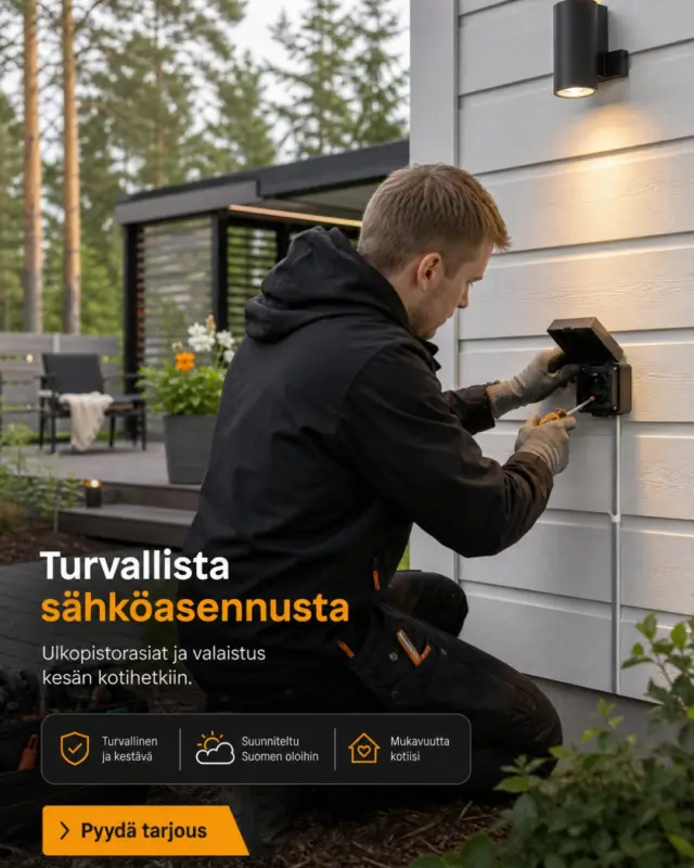 Kesällä ulkotilat ovat kovassa käytössä. Terassi, varasto, piha ja kulkureitit toimivat paremmin, kun sähköt on tehty turvallisesti eikä arki nojaa jatkojohtovirityksiin.

Sähkö & LVI-Palvelu Kipinä auttaa ulkopistorasioissa, pihavalaistuksessa, piharakennusten sähköissä ja vanhojen asennusten tarkistuksissa Uudellamaalla.

Tarkista ainakin nämä:
- ulkokäyttöön sopivat rasiat ja suojaukset
- ehjät valaisimet ja siistit kiinnitykset
- riittävä valaistus kulkureiteille
- turvallinen syöttö uusille laitteille tai varastolle

Kun tarvitset sähköasentajaa pihalle, terassille tai varastoon, ota yhteyttä ja katsotaan ratkaisu kuntoon.

#sähköasennus #ulkosähköt #sähkömies #uusimaa #helsinki #espoo #vantaa
